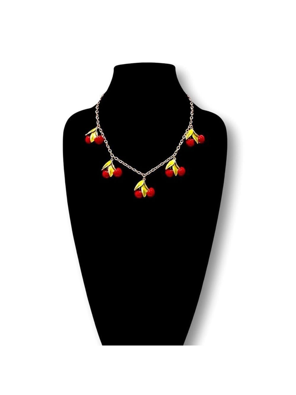 FASHIONABLE FRUIT | Cherries Jubilee Red & Green Enamel Charm Necklace​ | NIB - Picture 7 of 10